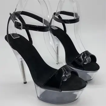 Poletje black PU materiala, pregleden edini ženske v visokih petah, 15 cm pole dance sandali, 6 inch plesne čevlje