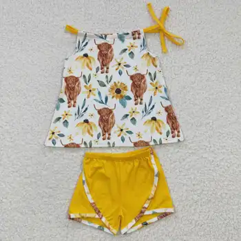 Nova Objava RTS Cvetlični Baby Highland Krava Obleke Dekleta Boutique Oblačila Otroci Rumena Pomlad Določa