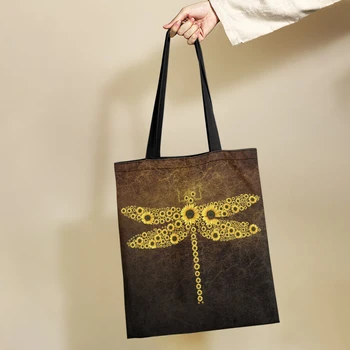 Yikeluo Ustvarjalne Sončnično Dragonfly Design Ženske Nakupovalno Vrečko Za Večkratno Uporabo Cvjetnim Tiskanja Platno Tote Torba Priložnostne Torbici