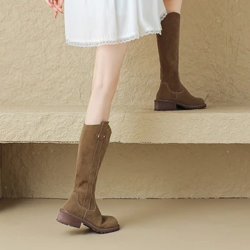 Ženske Usnjene Sredi Tele Škornje Krog Toe Platforma Debele Sredi Petah Zahodni Čevlji Dame Moda Za Čevlje Jesen Zima