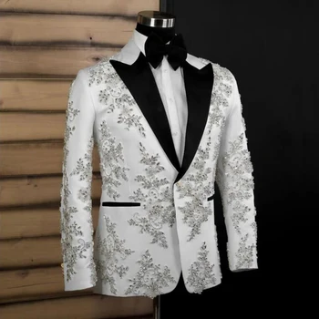 Bele Poročne Obleke Za Moške Luksuzni Ženina Tuxedos Sparkly Appliques Beading Suknjič Hlače 2 Kosa Formalno Stranko Banket Človek Obleko