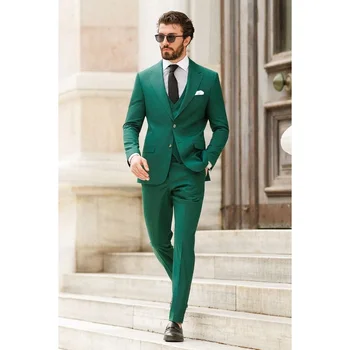 Elegantna Zelena Oblačila za Moške 2023 Elegantno Zarezo River beloprsi Singl 3 Kos Smart Casual Poroko Ženina Jopičem (Blazer+Telovnik+Hlače)