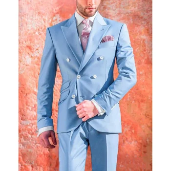Elegantne Moške Obleke Modre Dvojno Zapenjanje Dosegla Vrhunec River Uradna Stranka 2 Kos Suknjič Hlače Slim Fit Hombres Terno Jopič Kostum 2023