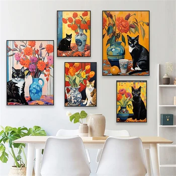 Barvit Cvet Vazo In Črna Mačka Tiskanja Plakatov Matisse Umetniško Platno Slikarstvo Smešno Luštna Mačka Wall Art Doma Spalnica Dekoracijo