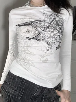 Pivanzore Ženske Y2k Long Sleeve Vintage Natisni T-Majice Posadke Vratu Slim Fit Pravljice Grunge Bluzo Vrhovi Estetske Ulične Padec