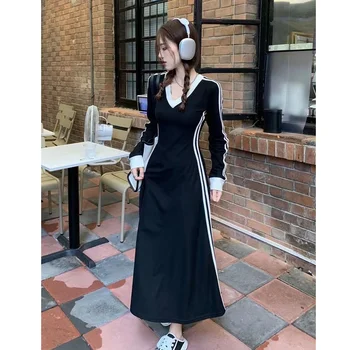 Vintage Kontrast Črtasto Črne Obleke Pomlad Jesen Nove Dolg Rokav V Vratu Mladi Obleke Moda Temperament Ženske Oblačila