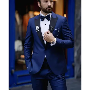2023 Novih Moških Poroko Mornarsko Modra Elegantna Dosegla Vrhunec River Obleke Business Casual Formalno Kostum Homme Slim Fit 2 Kos Komplet Jakna In Hlače