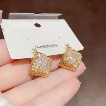 14K zlato plating korejski novo modno oblikovanje nakita iz bakra cirkon dvostranski kvadratnih uhani luksuzni žensk stranka dodatki
