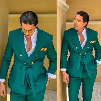 Nova Zasnova Zelenih Moške Obleke za Poroko S Pasom 2 Kosa Dvojno Zapenjanje Formalno Ženina Potovanja Nositi Suknjič+Hlače Kostum Homme